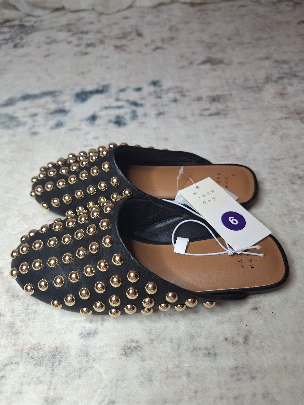 a new day Black Studded Edgy Slip-On Mules Loafers Slides Almond Toe